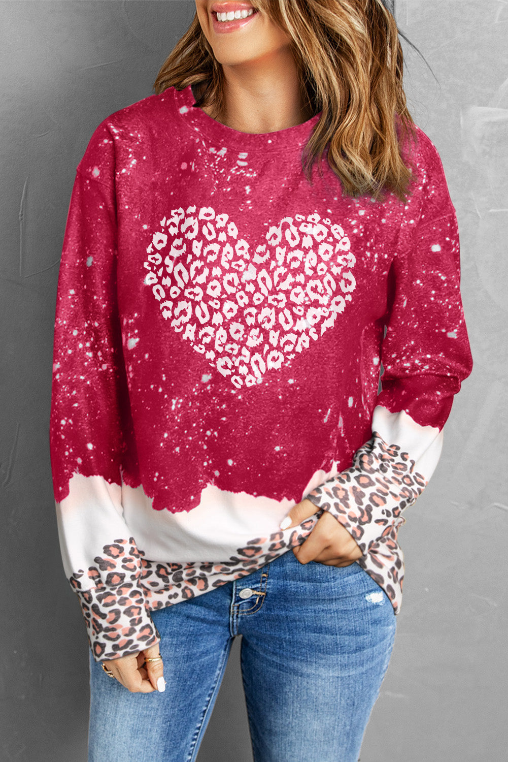 Red Tie Dye Leopard Heart Print Graphic Pullover Sweatshirt