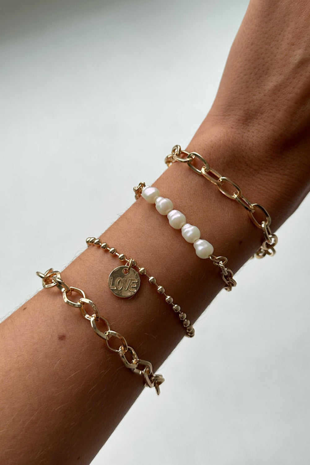 Gold Pearl Link Chain Love Alloy Bracelet