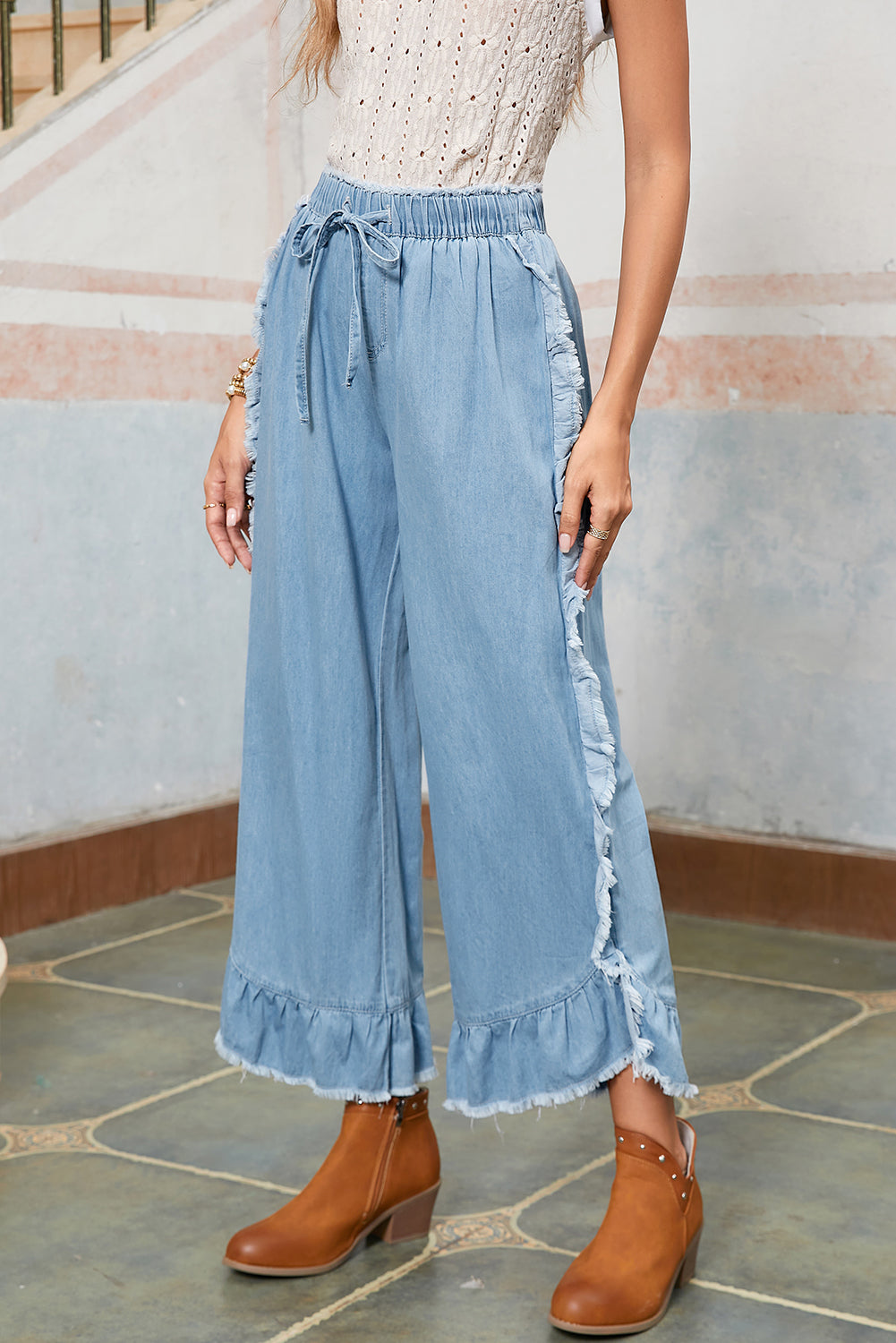 Myosotis Light Wash Raw Hem Ruffle Wide Leg Jeans