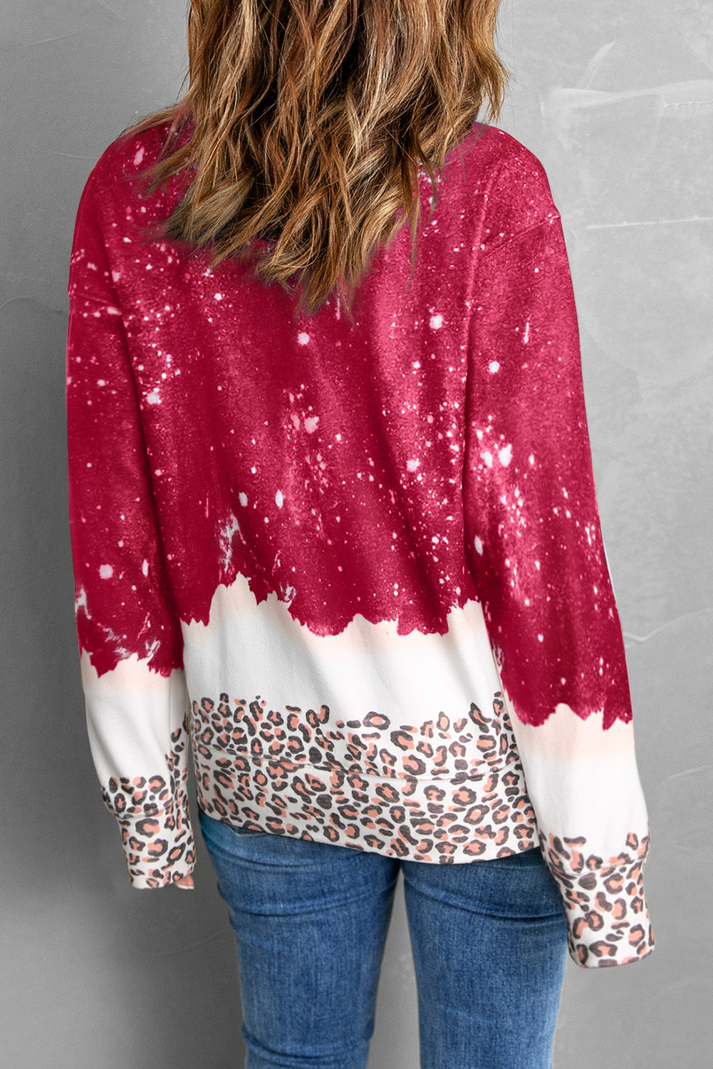 Red Tie Dye Leopard Heart Print Graphic Pullover Sweatshirt